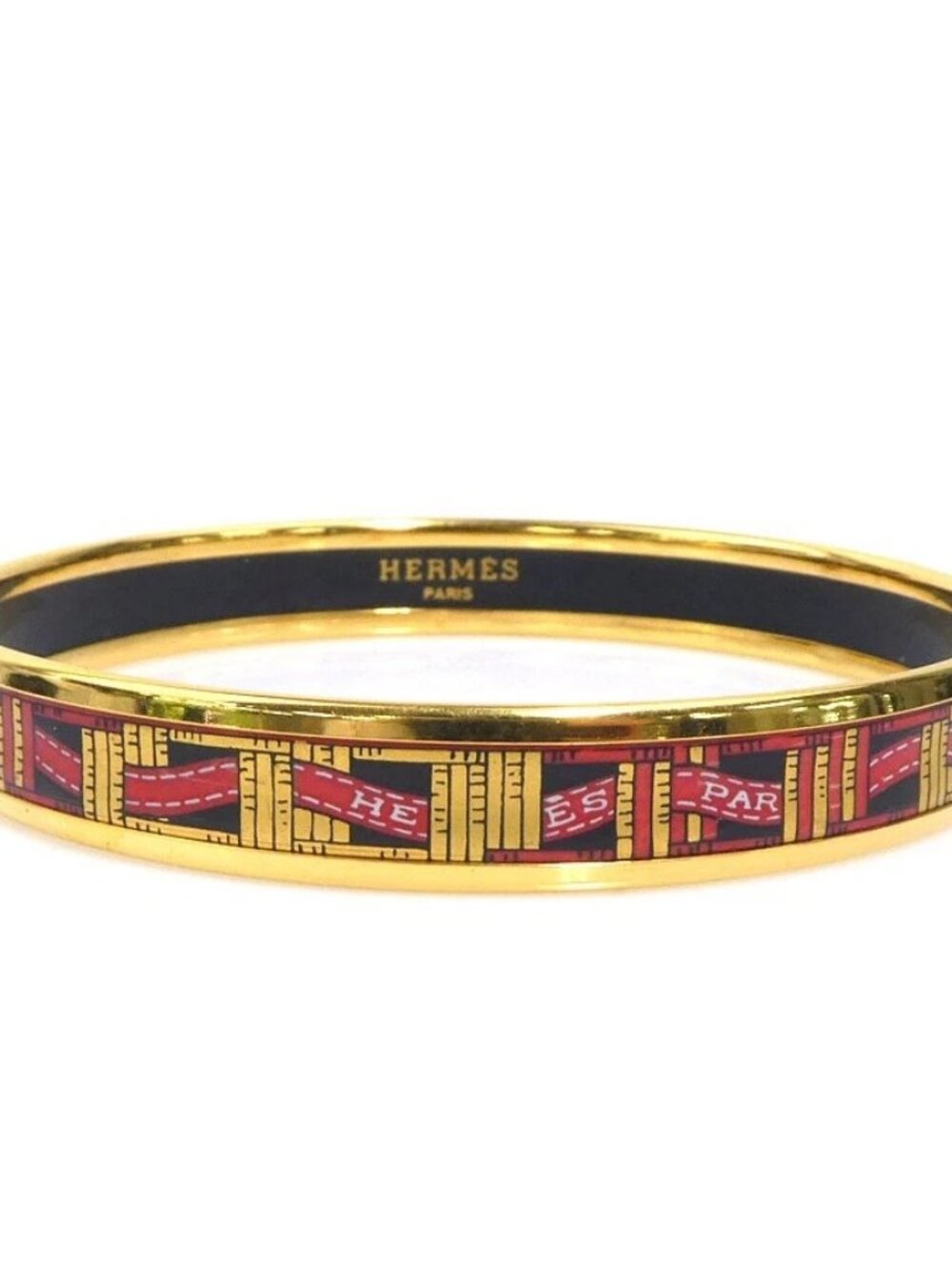 Auth HERMES Cloisonne Bangle Bracelet Gold/Black/Red Metal/Enamel